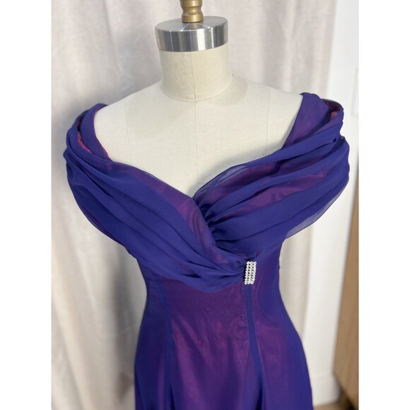 Vintage 90s CACHE Purple Chiffon Off Shoulder Evening Gown Made in USA Small - Picture 2 of 7